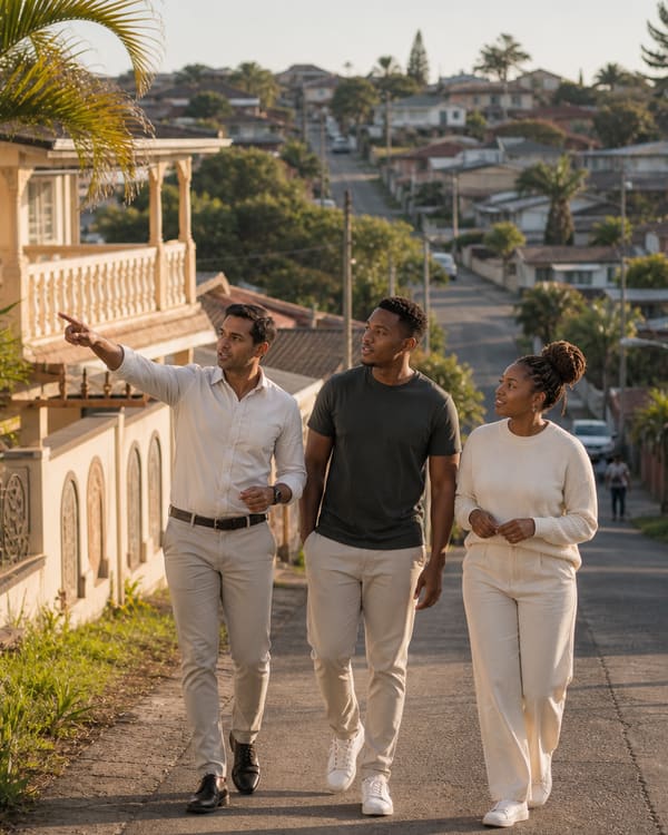 A practitioner walking a suburban Durban street with two buyers