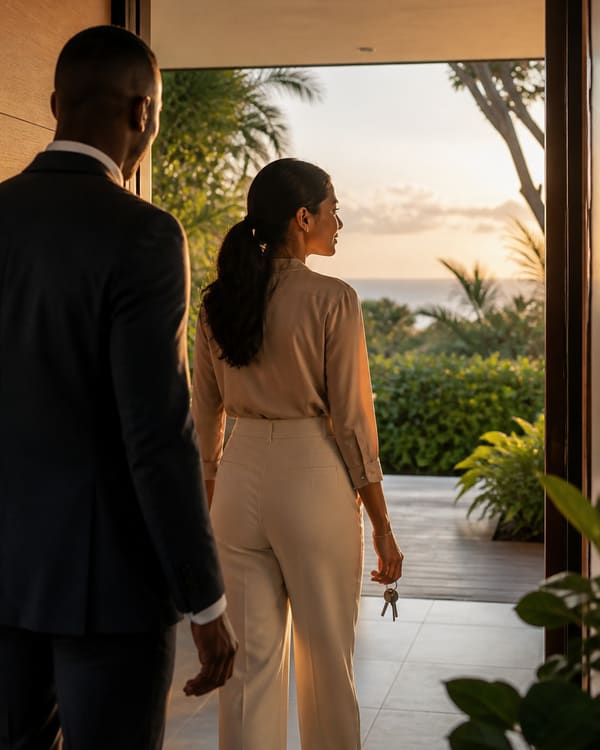 A practitioner handing over keys at the front door of a Durban North home at sunset