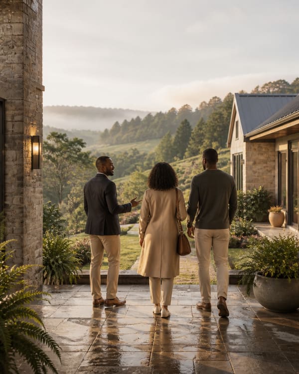 Buyers on the veranda of a stone Midlands home looking over misted hills