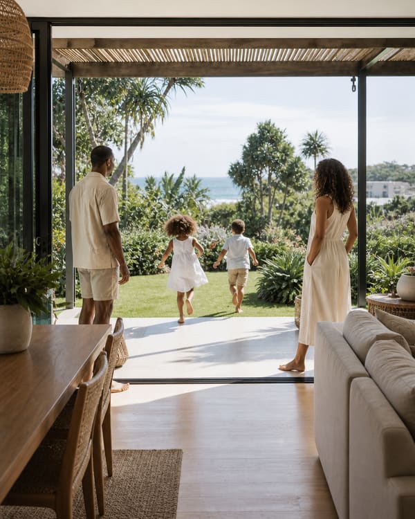 A family in an open-plan North Coast home looking out to a garden and the sea