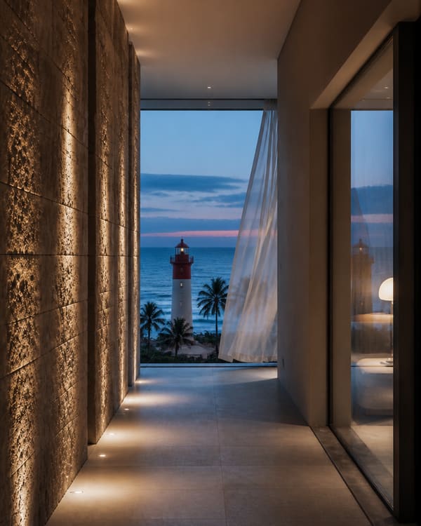 A stone-walled coastal home at dusk looking out to the Umhlanga lighthouse